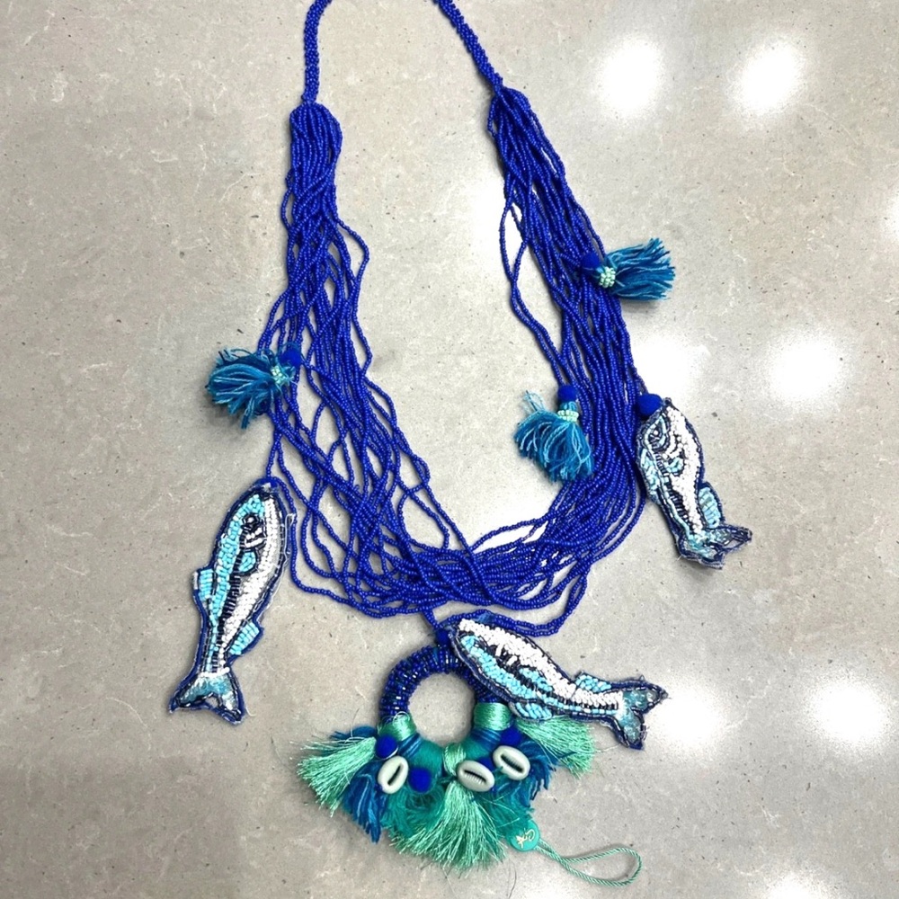 Antica Sartoria Blue Beaded Fish & Shells Necklace